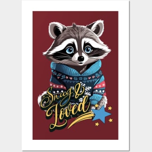 Christmas Raccoon Wearing Xmas Sweater Snug & Loved Funny Posters and Art